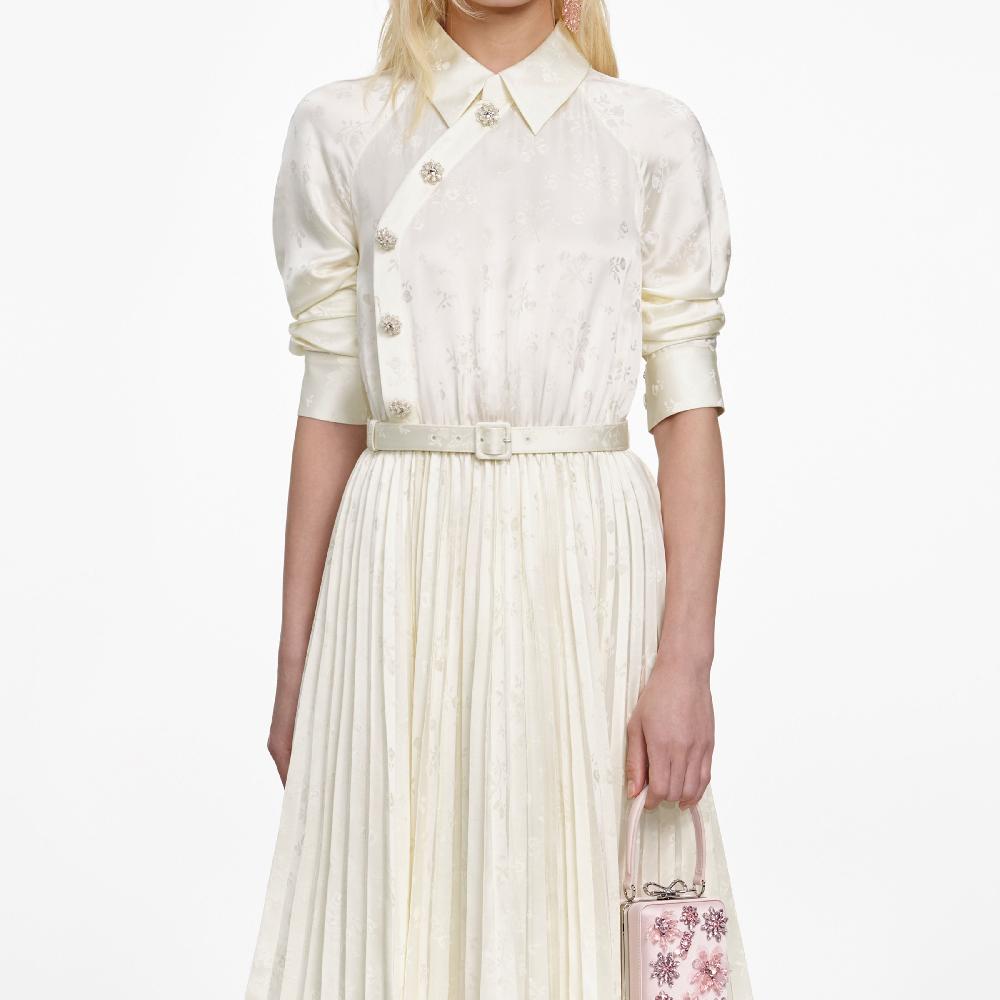 Self Portrait Cream Satin Jacquard Midi Dress CLOTHING