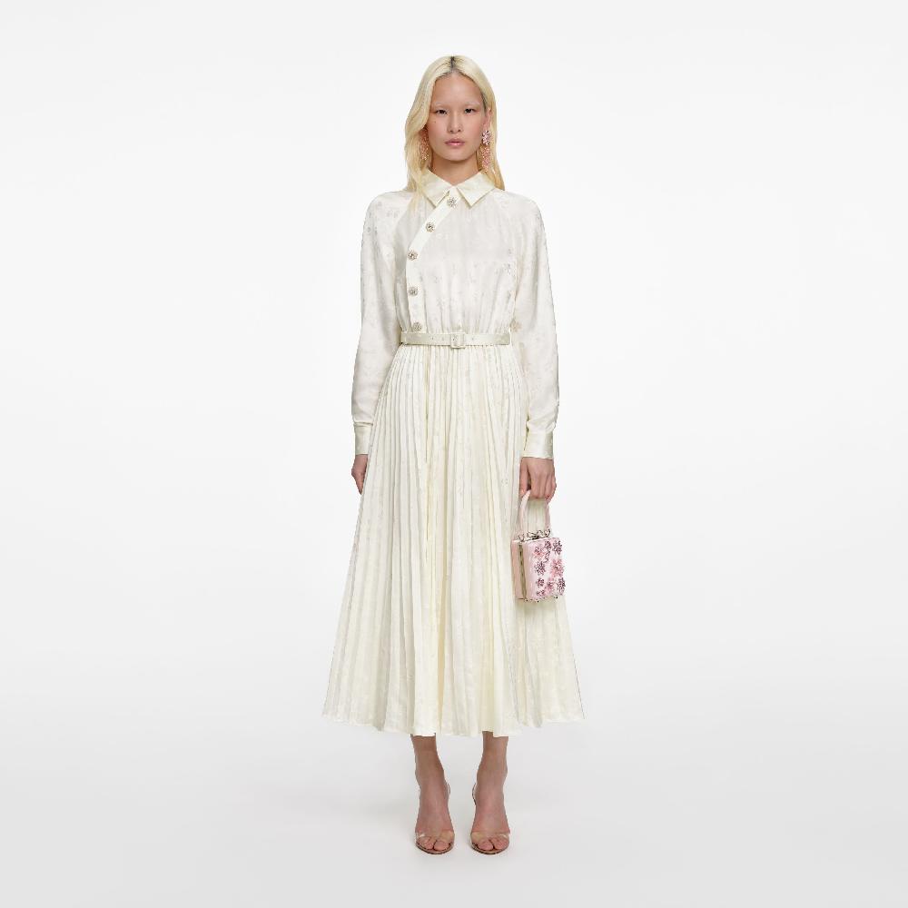 Self Portrait Cream Satin Jacquard Midi Dress CLOTHING