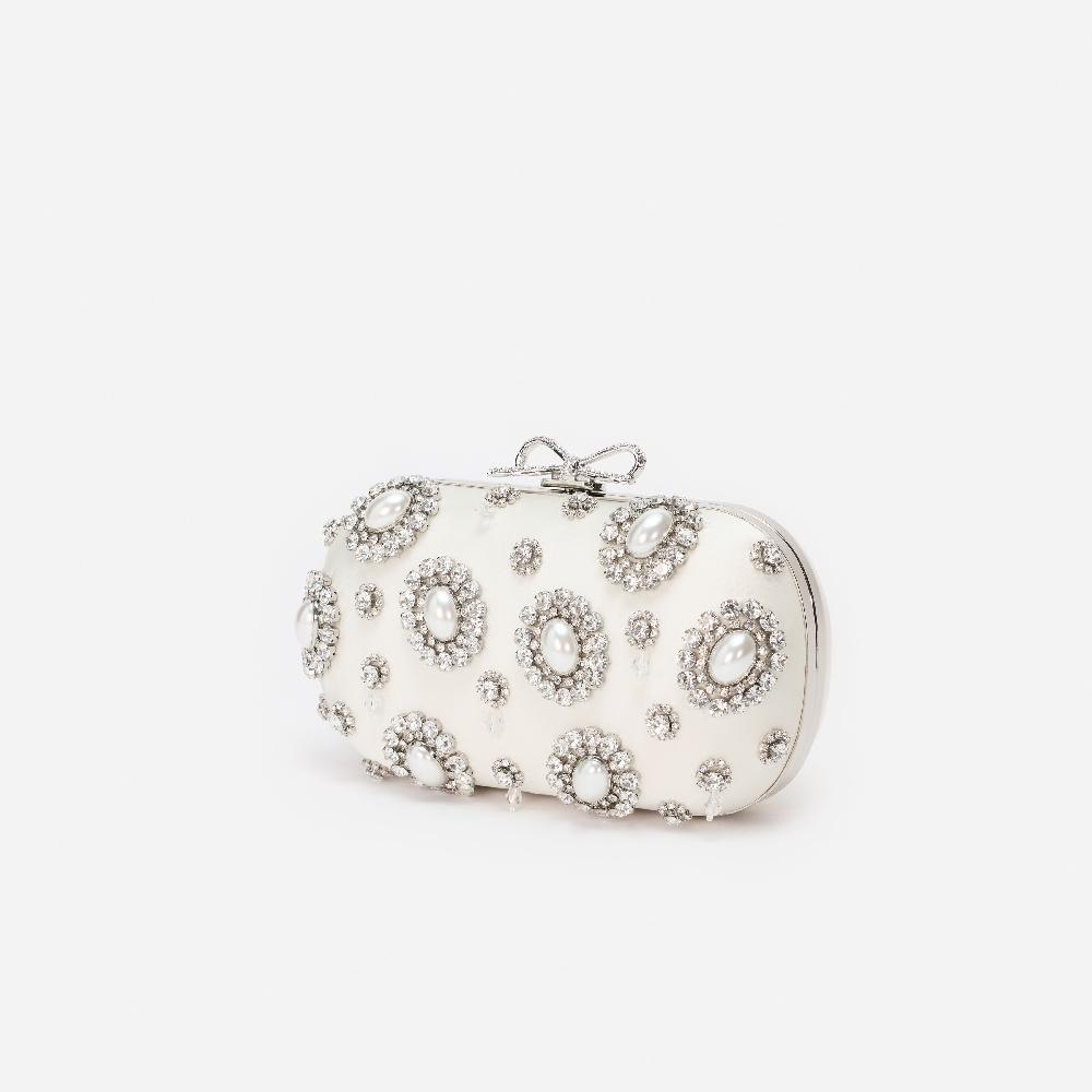 Self Portrait Cream Satin Multi Crystal Clutch Bag BAGS