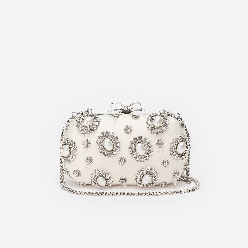 Self Portrait Cream Satin Multi Crystal Clutch Bag BAGS