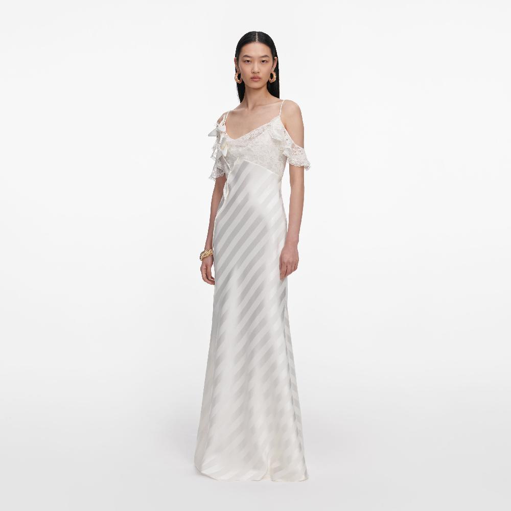 Self Portrait Cream Satin Striped Maxi Dress CLOTHING