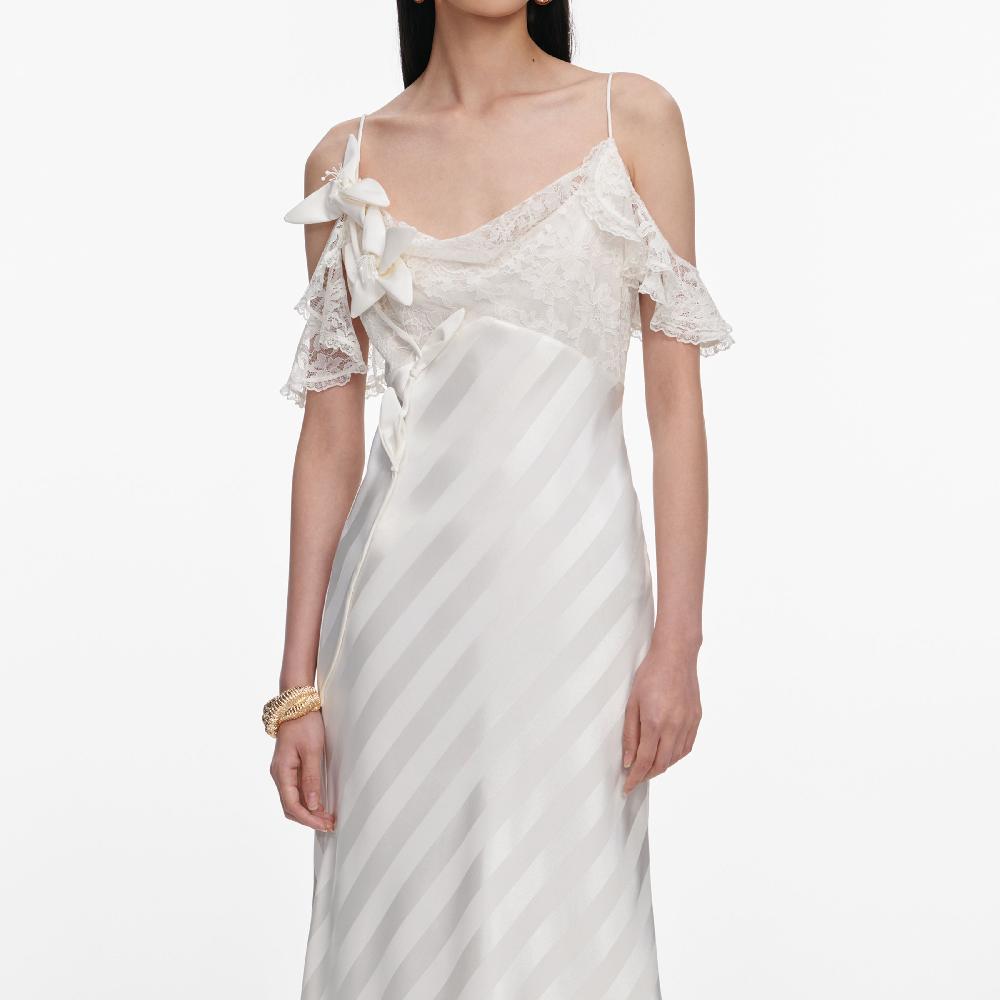 Self Portrait Cream Satin Striped Maxi Dress CLOTHING