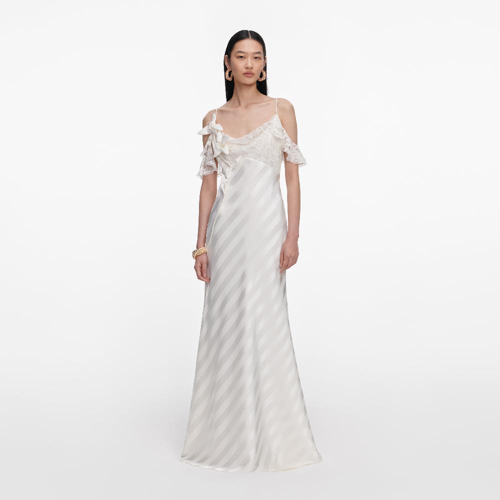 self portrait Cream Satin Striped Maxi Dress CLOTHING