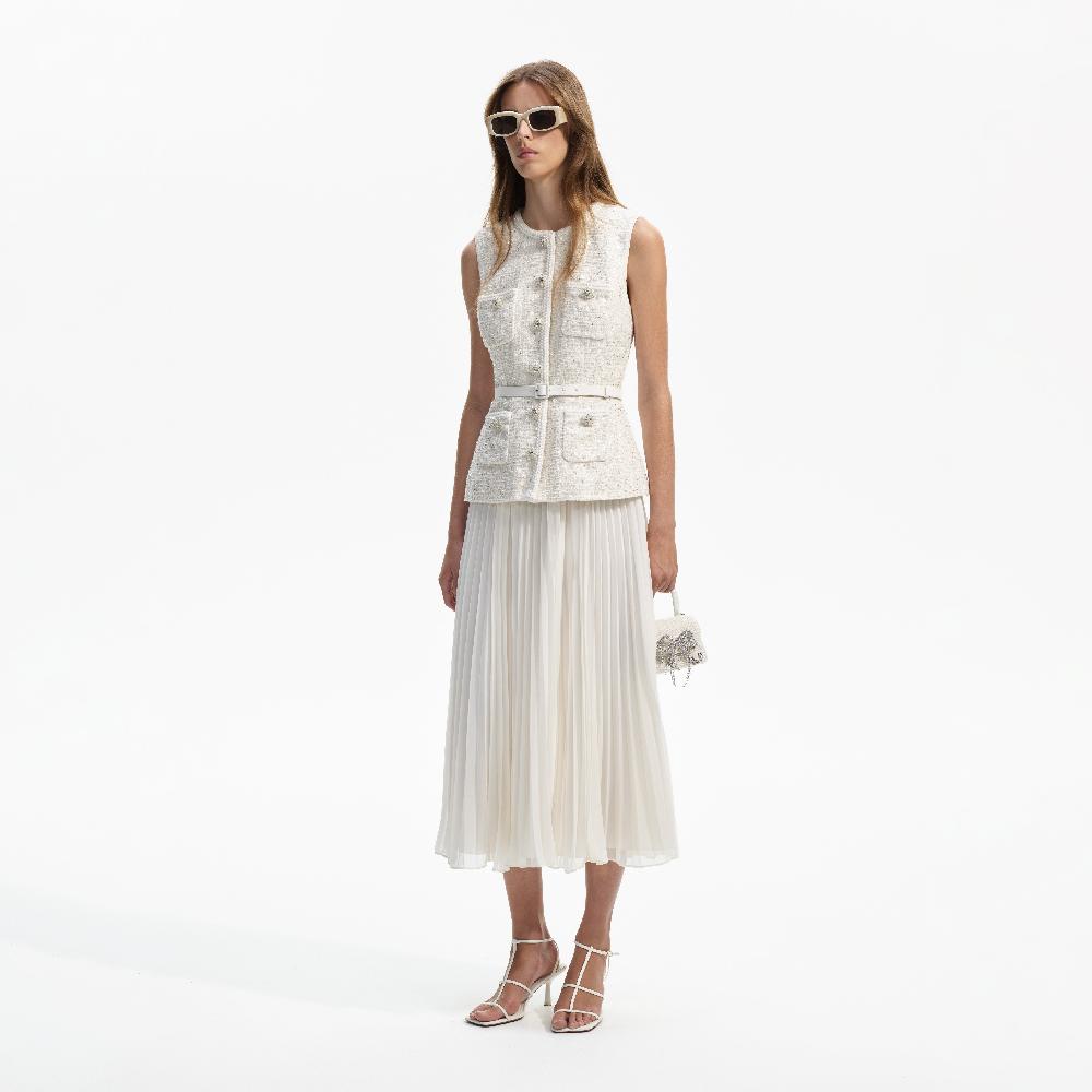 Self Portrait Cream Sequin Boucle Tailored Midi Dress CLOTHING