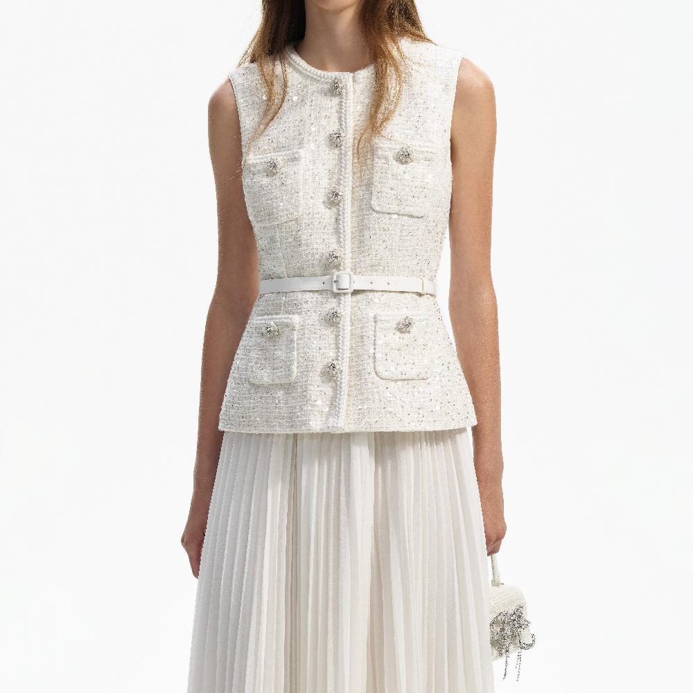 Self Portrait Cream Sequin Boucle Tailored Midi Dress CLOTHING