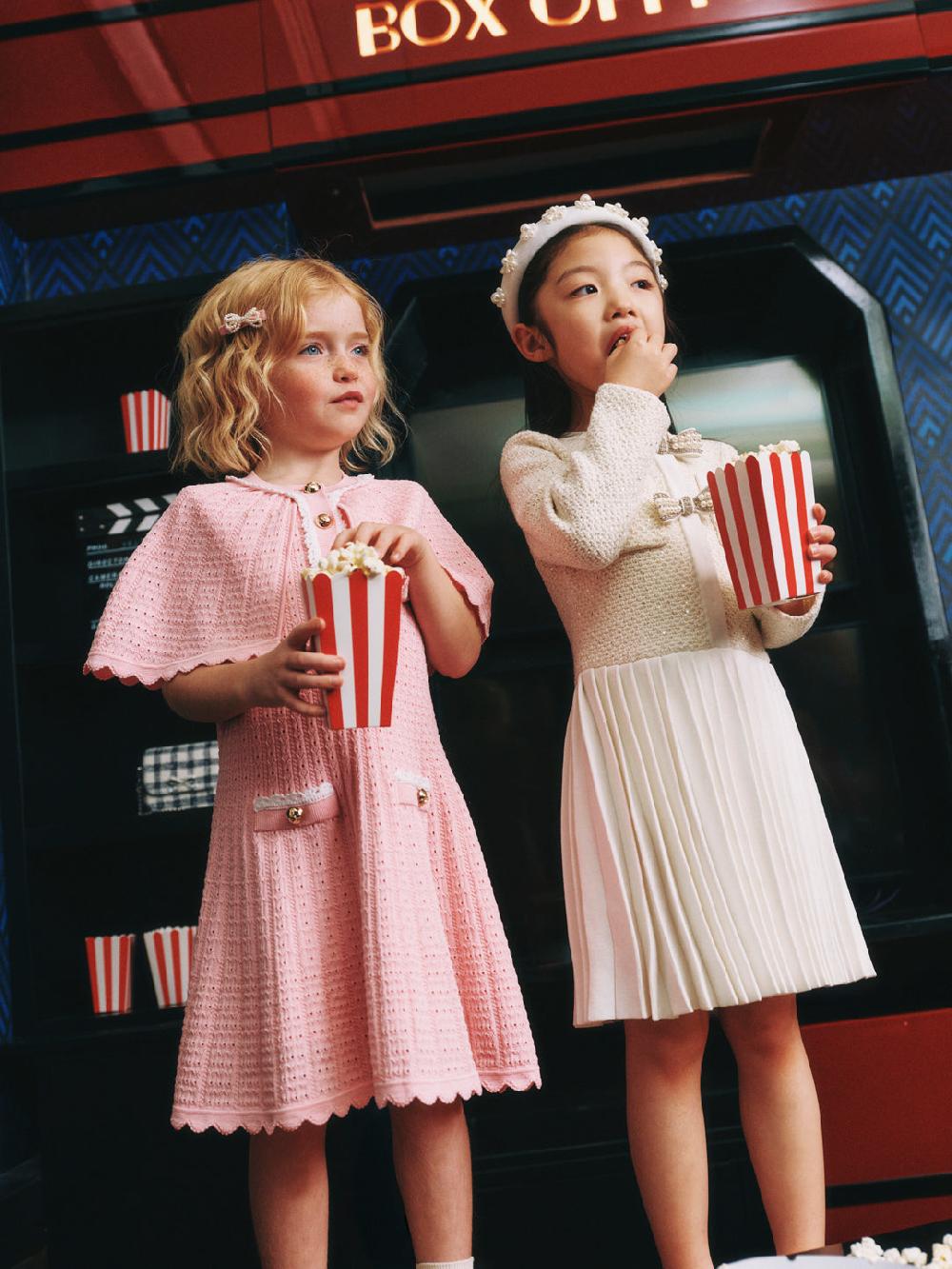 Self Portrait Cream Sequin Knit Bow Trim Dress KIDS