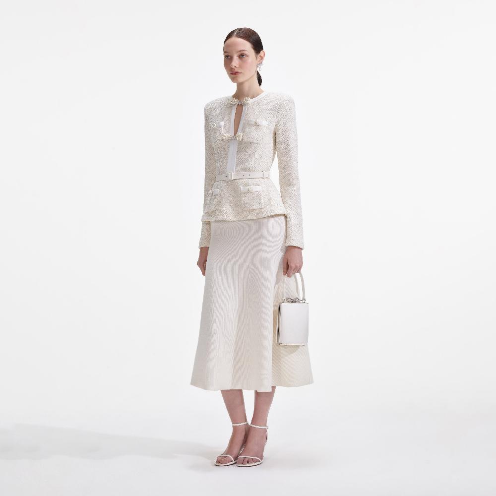 Self Portrait Cream Sequin Knit Tailored Midi Dress CLOTHING