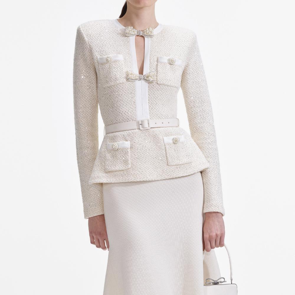 Self Portrait Cream Sequin Knit Tailored Midi Dress CLOTHING