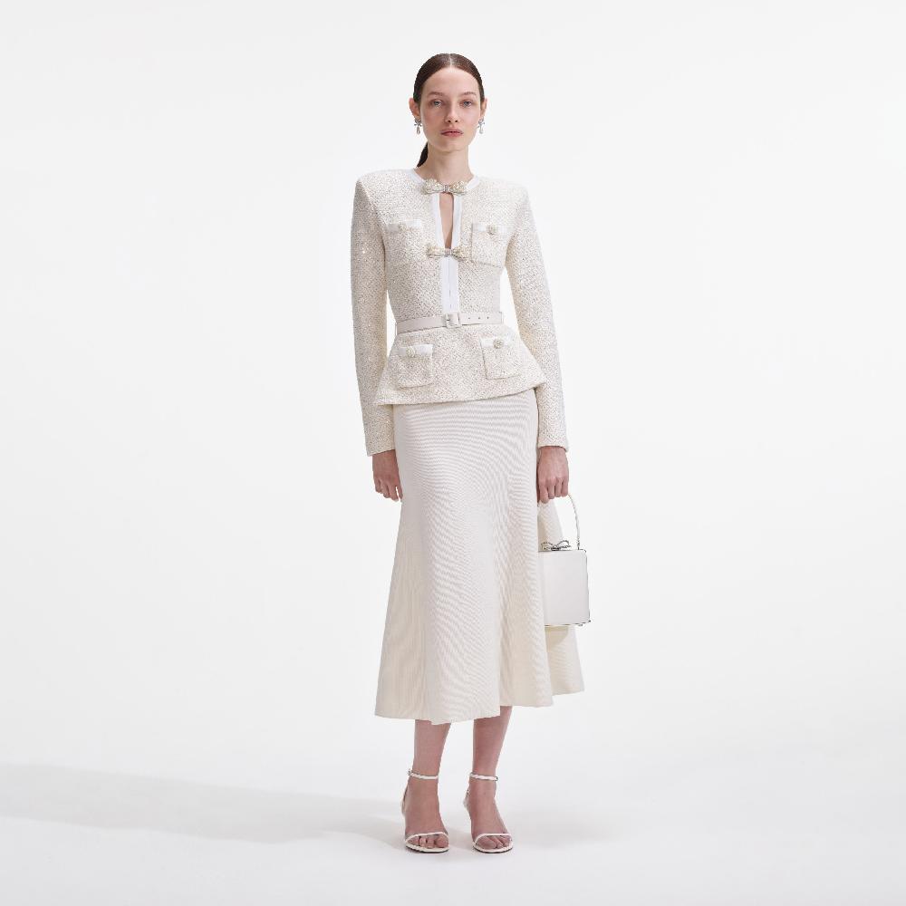 self portrait Cream Sequin Knit Tailored Midi Dress CLOTHING