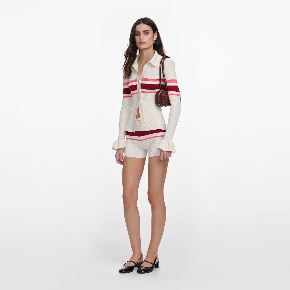 Self Portrait Cream Stripe Viscose Knit Button Top CLOTHING