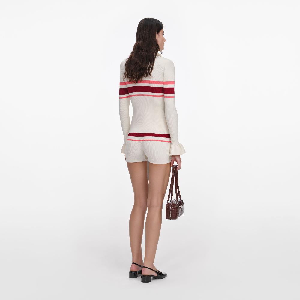 Self Portrait Cream Stripe Viscose Knit Button Top CLOTHING