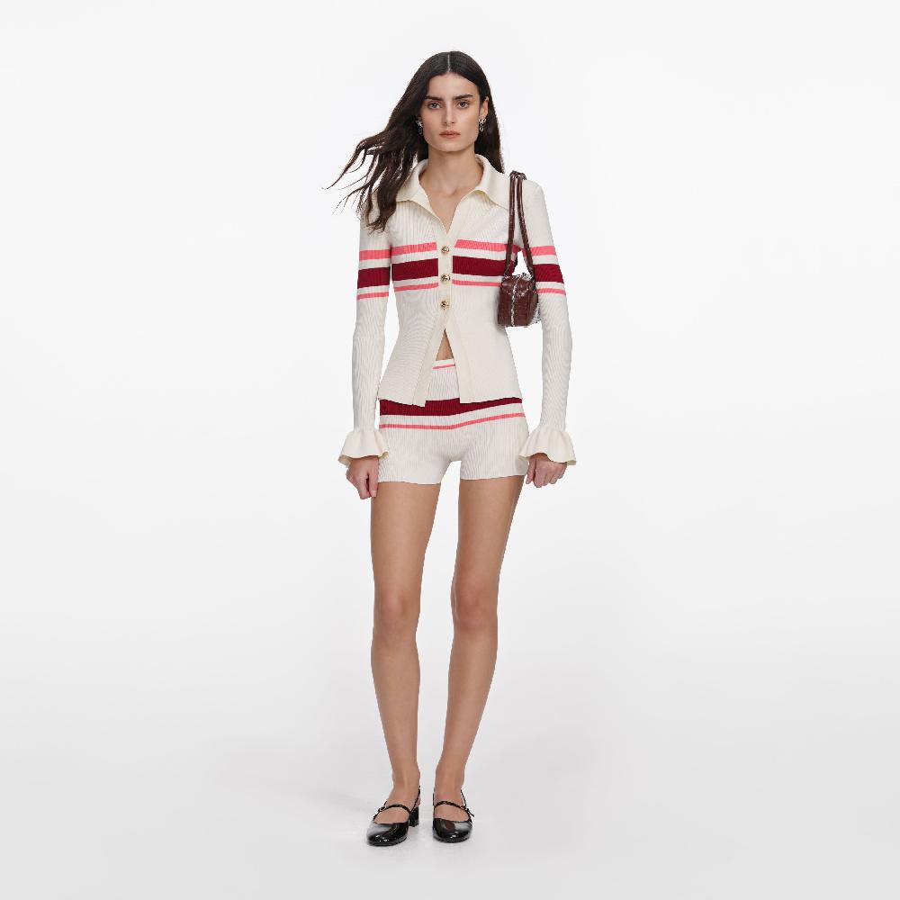 self portrait Cream Stripe Viscose Knit Button Top CLOTHING