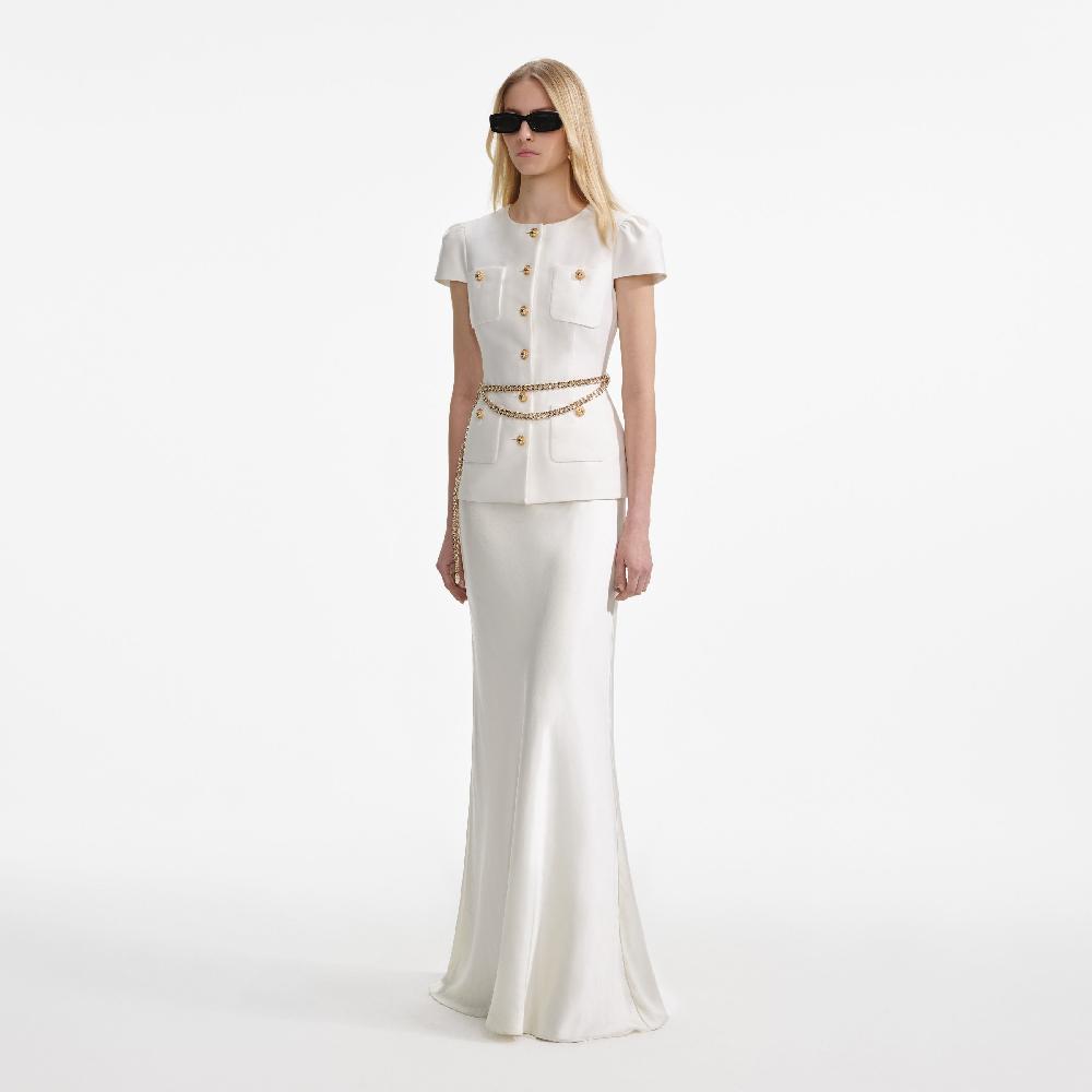 Self Portrait Cream Taffeta Chain Belt Maxi Dress CLOTHING