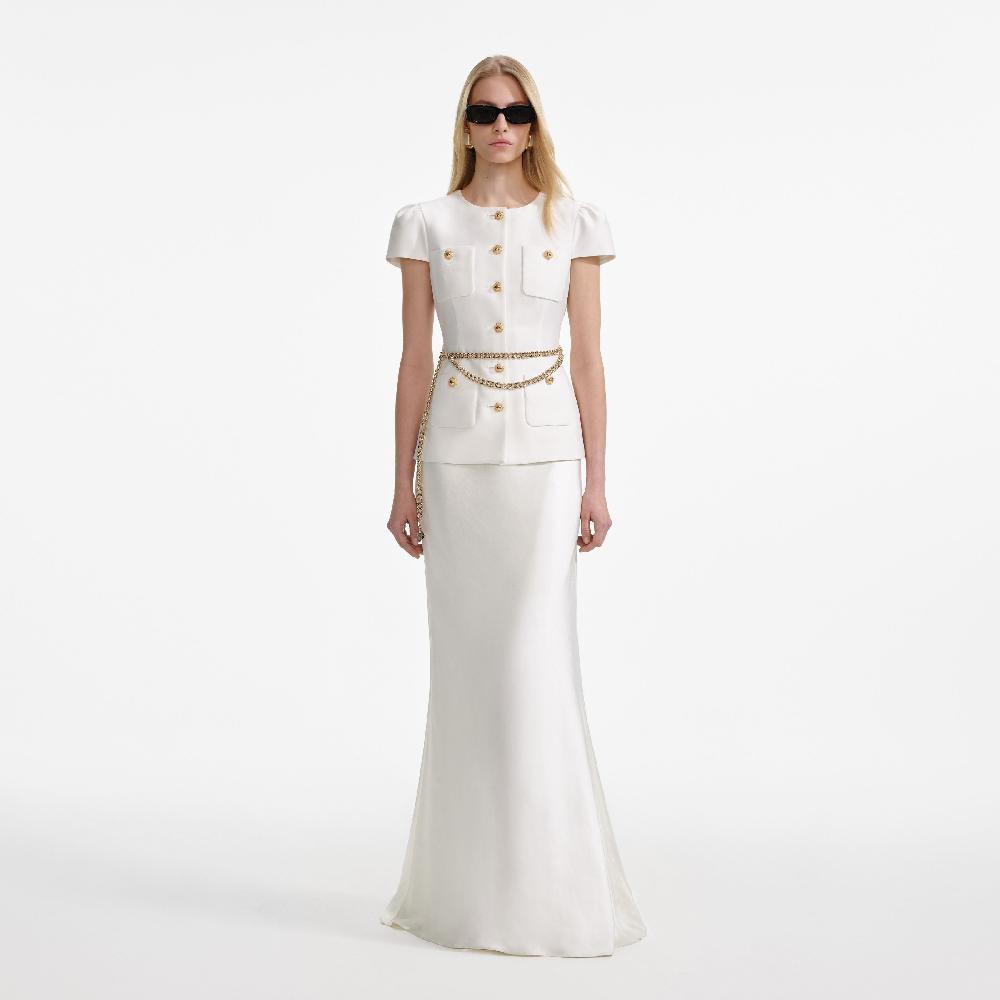 self portrait Cream Taffeta Chain Belt Maxi Dress CLOTHING