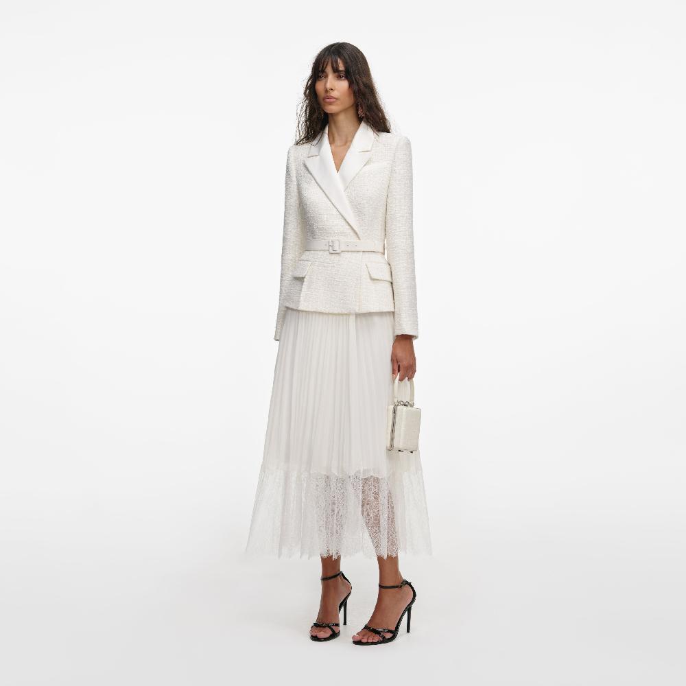 Self Portrait Cream Tailored Bouclé And Chiffon Midi Dress CLOTHING