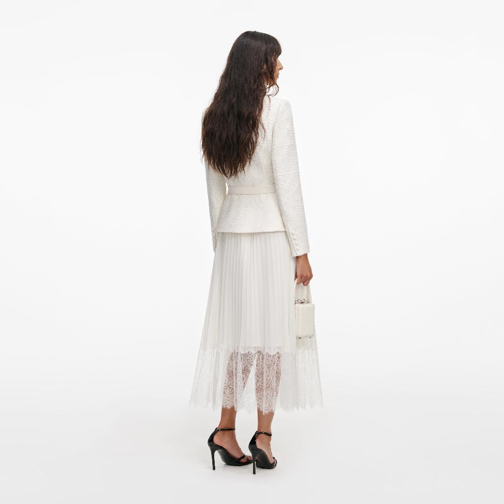 Self Portrait Cream Tailored Bouclé And Chiffon Midi Dress CLOTHING