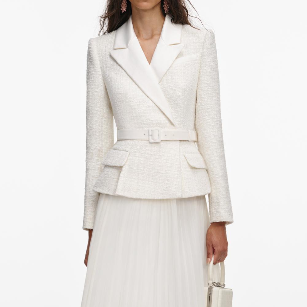 Self Portrait Cream Tailored Bouclé And Chiffon Midi Dress CLOTHING