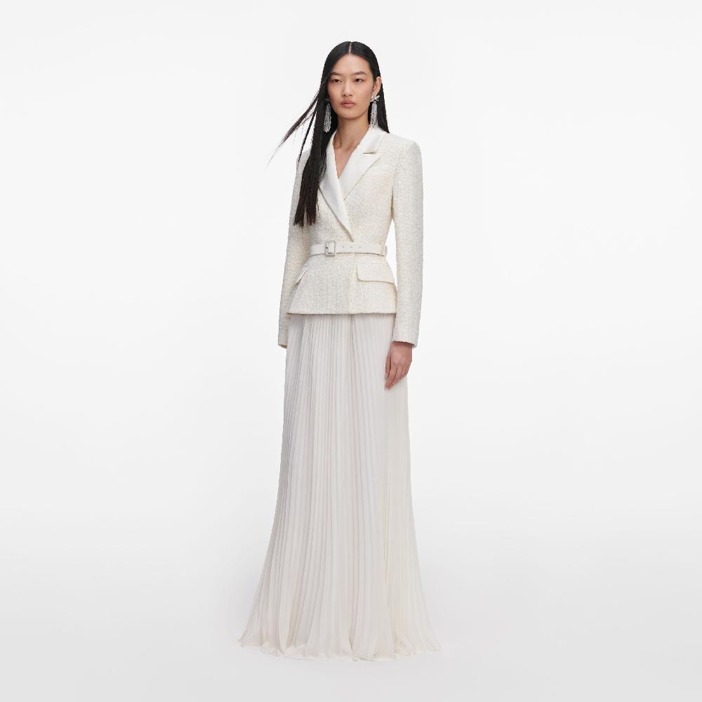 Self Portrait Cream Tailored Boucle Chiffon Maxi Dress CLOTHING