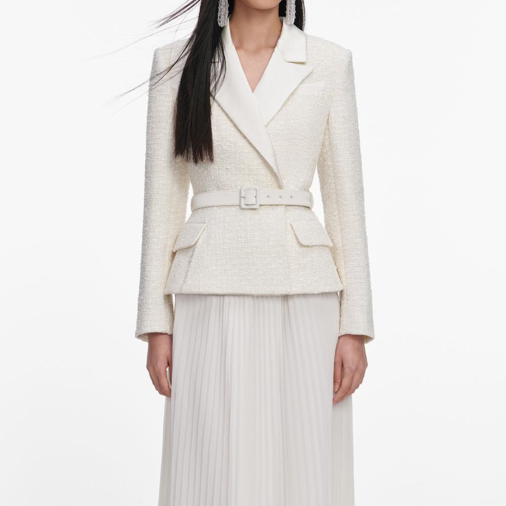 Self Portrait Cream Tailored Boucle Chiffon Maxi Dress CLOTHING