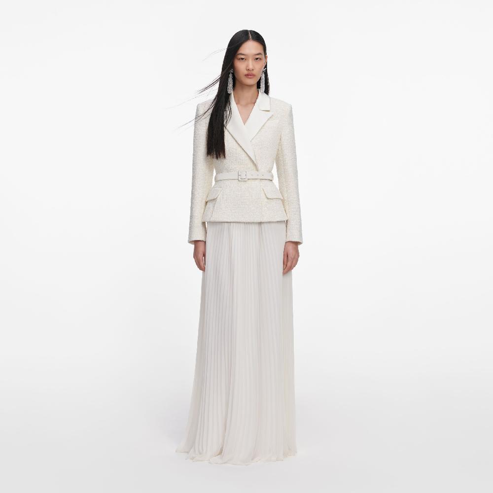 self portrait Cream Tailored Boucle Chiffon Maxi Dress CLOTHING