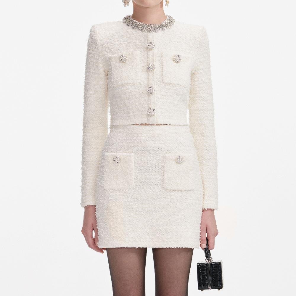 Self Portrait Cream Textured Knit Mini Skirt CLOTHING