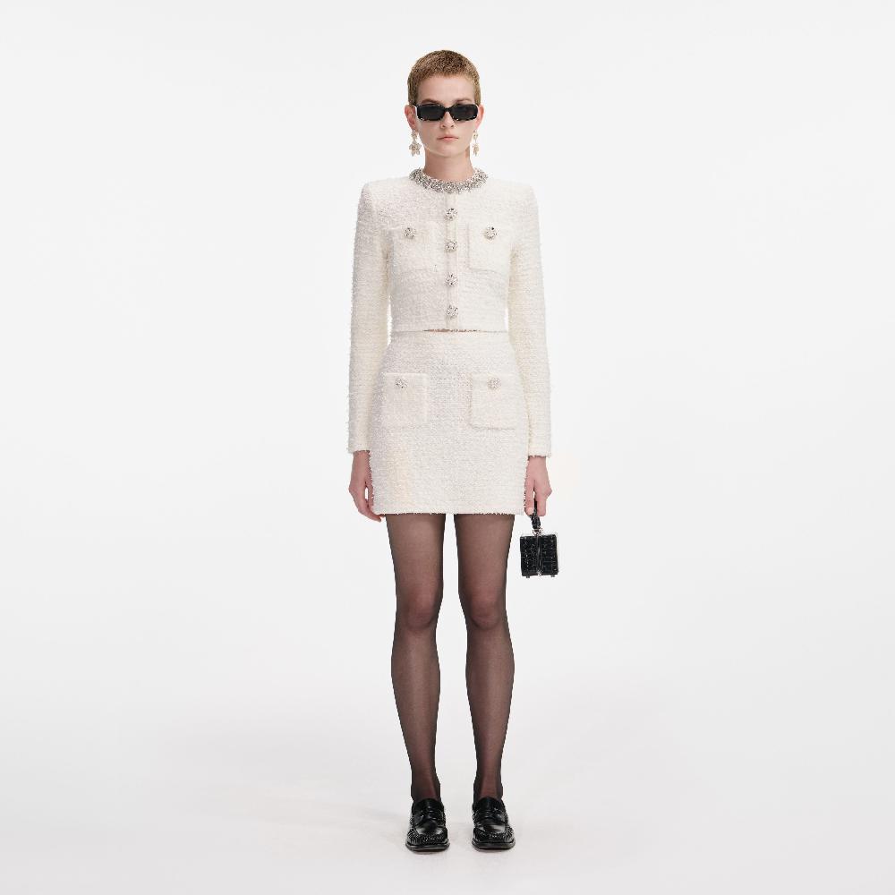 self portrait Cream Textured Knit Mini Skirt CLOTHING