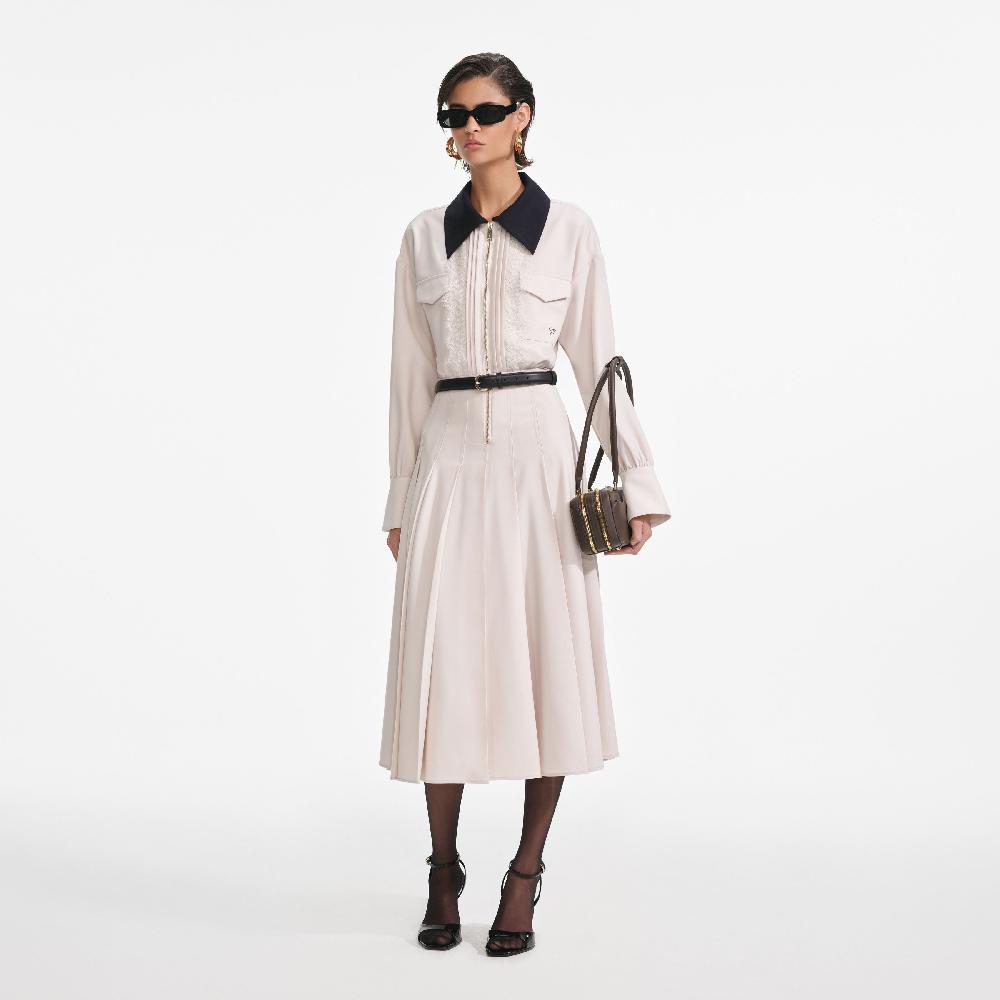 Self Portrait Cream Twill Contrast Collar Midi Dress CLOTHING