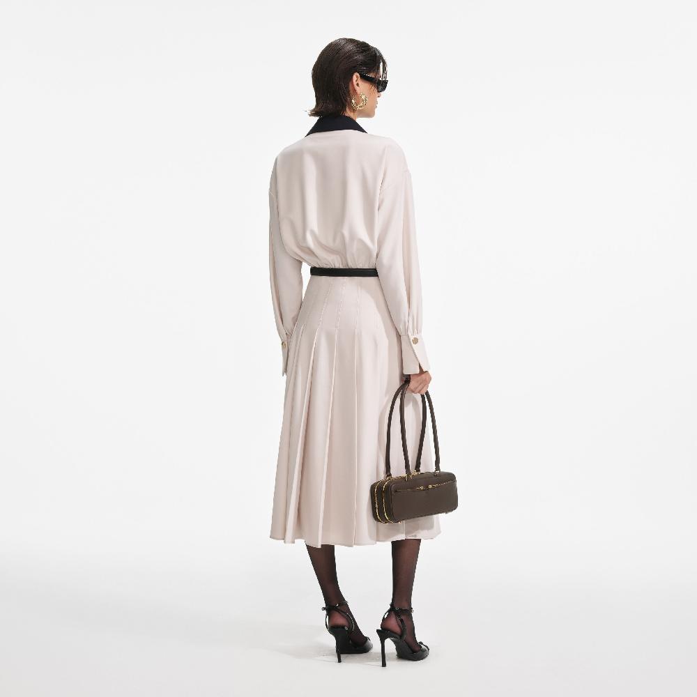 Self Portrait Cream Twill Contrast Collar Midi Dress CLOTHING