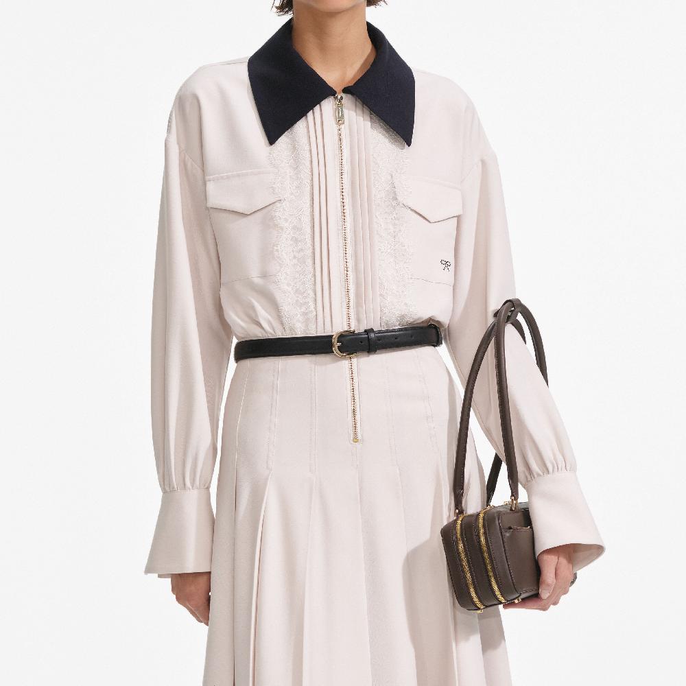 Self Portrait Cream Twill Contrast Collar Midi Dress CLOTHING