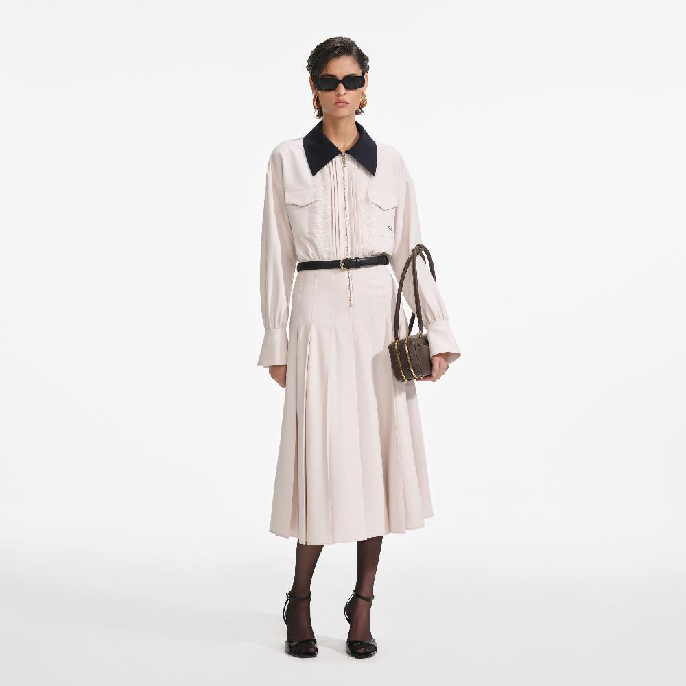 self portrait Cream Twill Contrast Collar Midi Dress CLOTHING