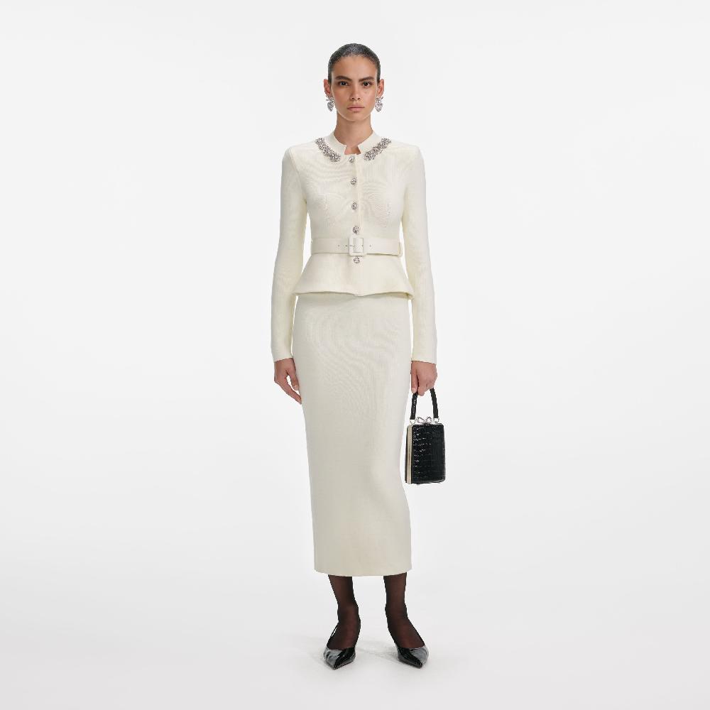 self portrait Cream Wool Peplum Knit Midi Dress CLOTHING