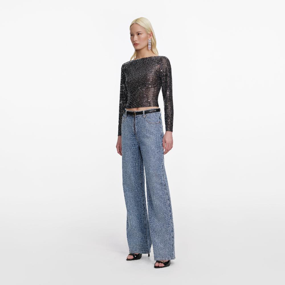 Self Portrait Croc Effect Straight Leg Jeans CLOTHING