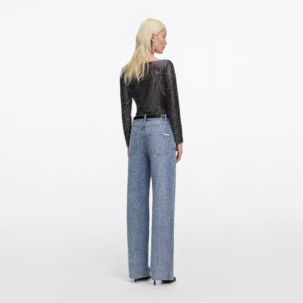 Self Portrait Croc Effect Straight Leg Jeans CLOTHING