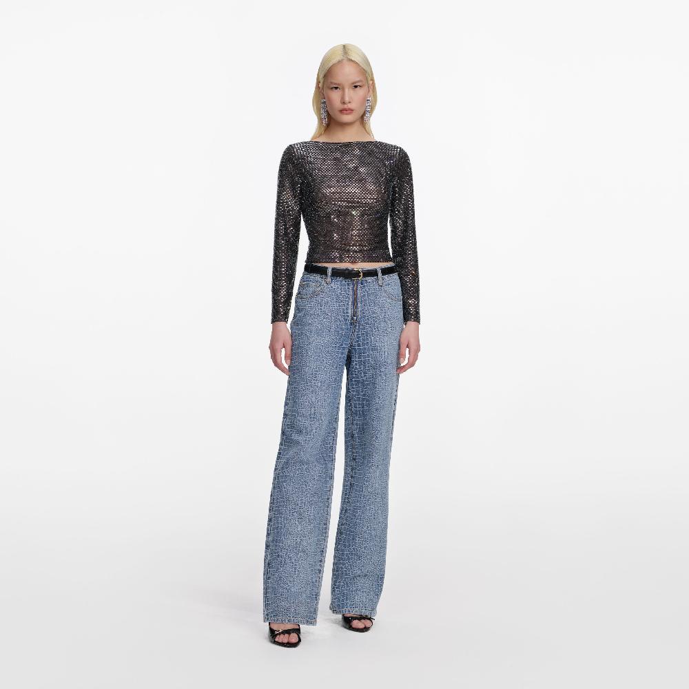 self portrait Croc Effect Straight Leg Jeans CLOTHING