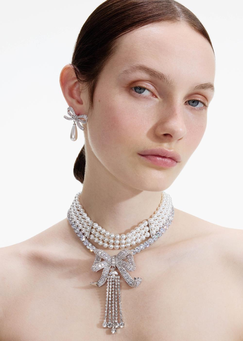 Self Portrait Crystal Bow Droplet Pearl Necklace JEWELLERY