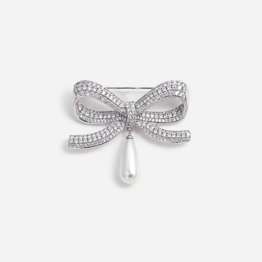 self portrait Crystal Bow Pearl Droplet Brooch JEWELLERY