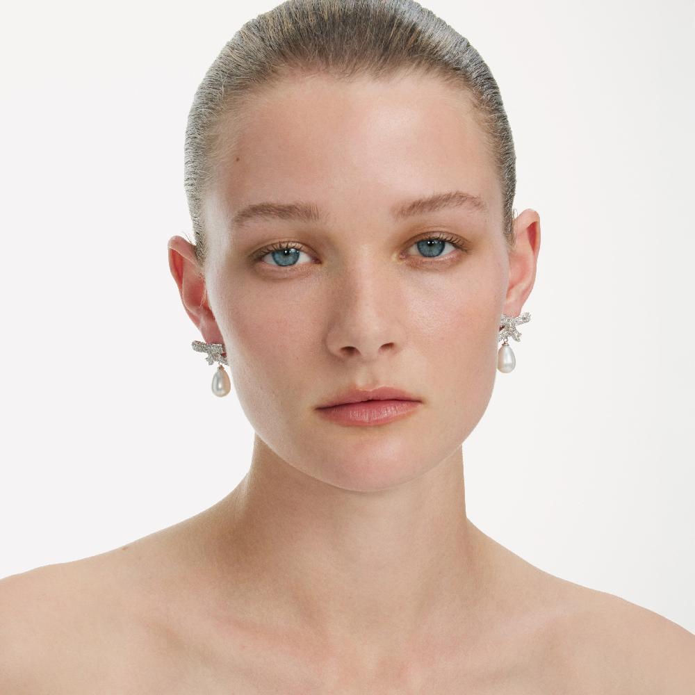 Self Portrait Crystal Bow Pearl Droplet Earrings JEWELLERY
