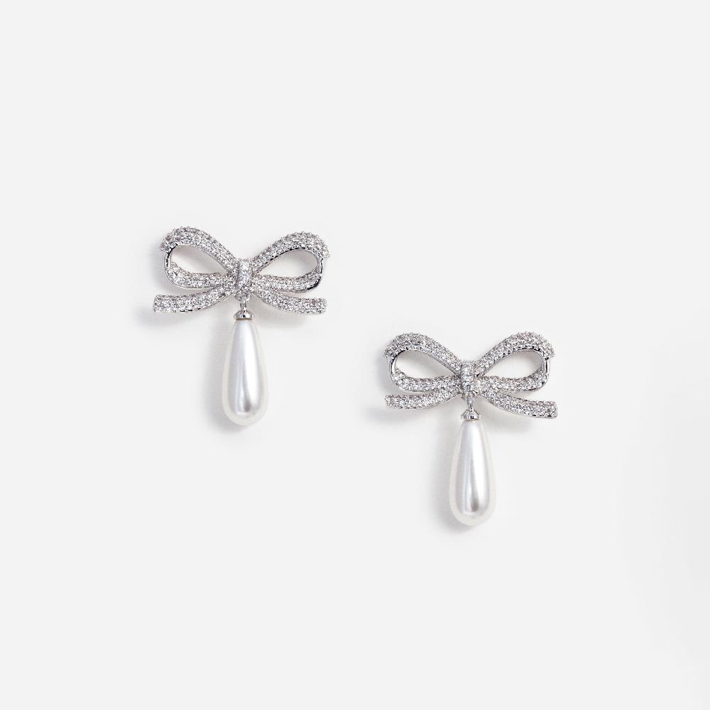 self portrait Crystal Bow Pearl Droplet Earrings JEWELLERY