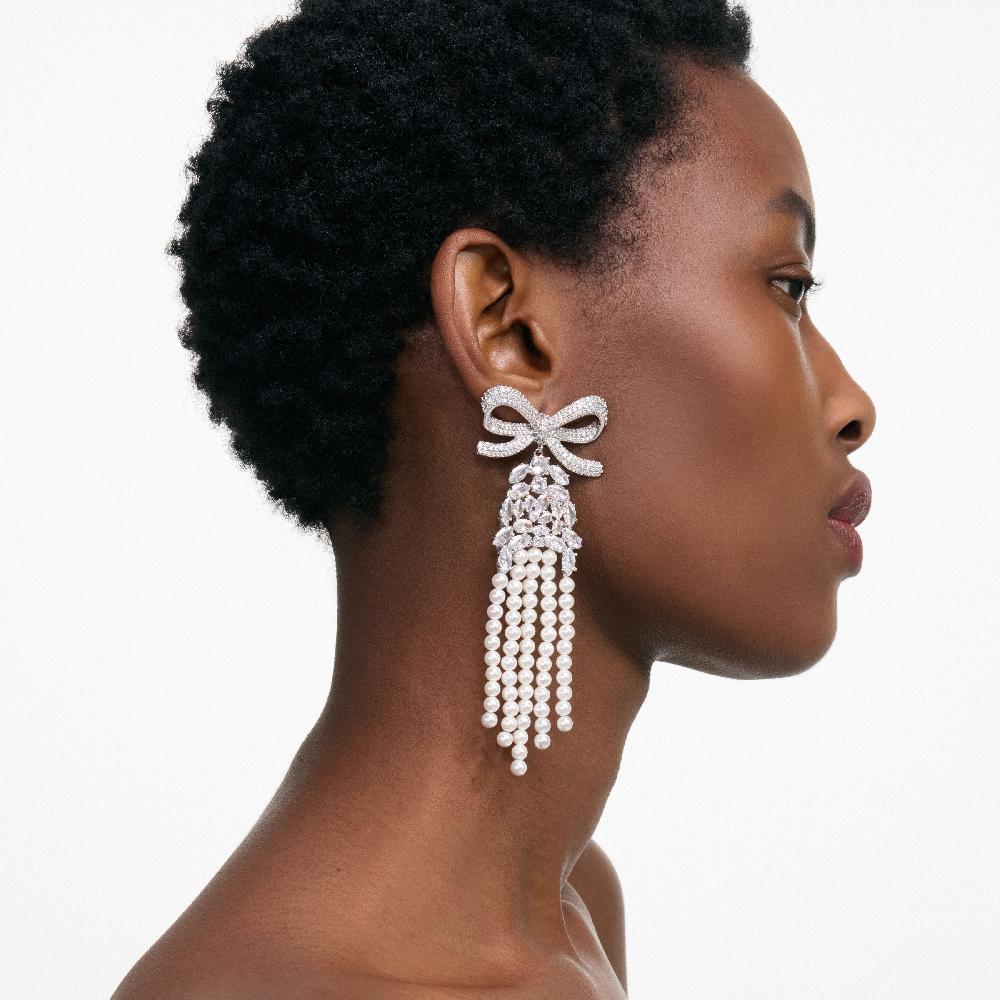 Self Portrait Crystal Bow Pearl Droplet Earrings JEWELLERY