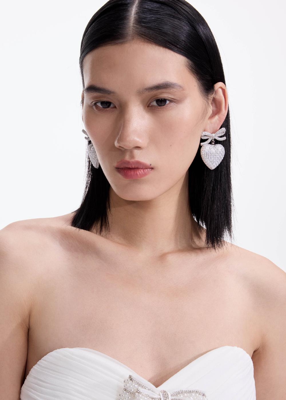 Self Portrait Crystal Bow Pearl Heart Earrings JEWELLERY