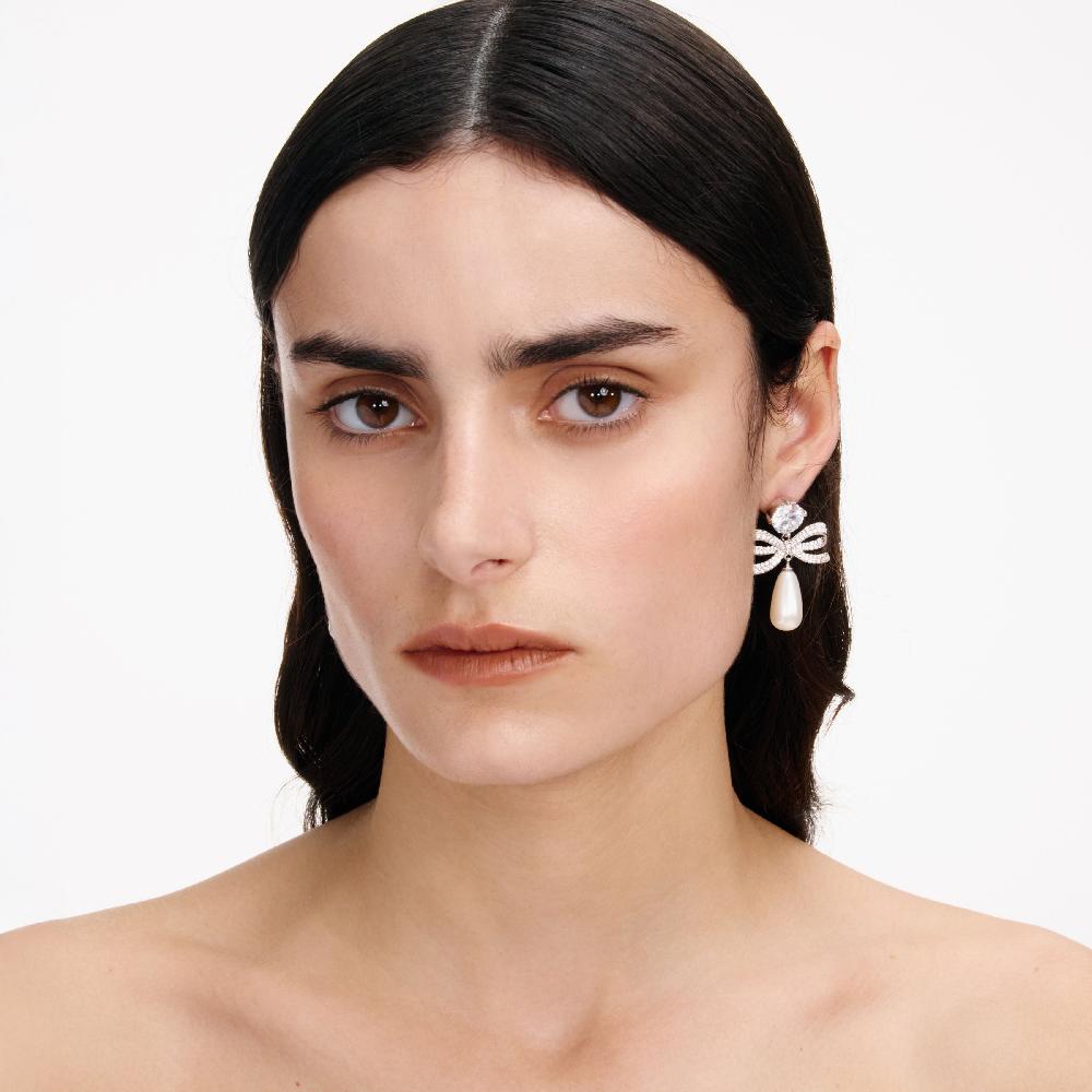 Self Portrait Crystal Bow Pearl Tiered Earrings JEWELLERY