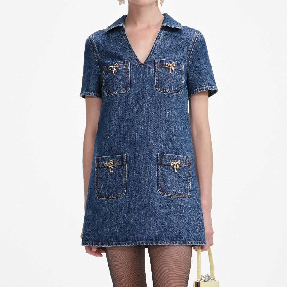 Self Portrait Denim Crystal Bow Mini Dress CLOTHING
