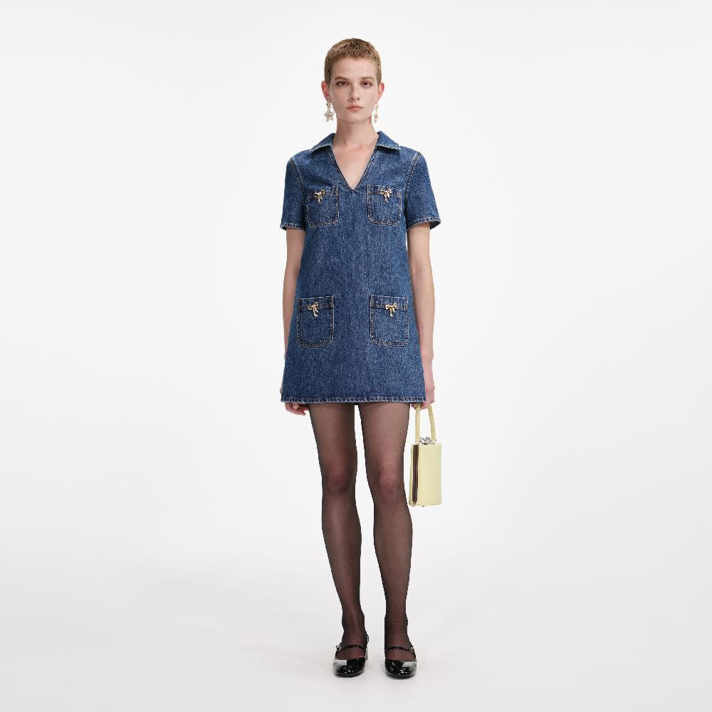 self portrait Denim Crystal Bow Mini Dress CLOTHING