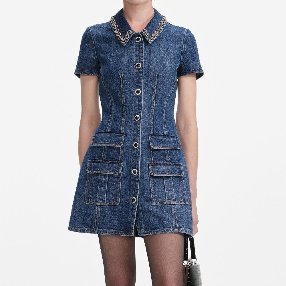 Self Portrait Denim Crystal Trim Collared Mini Dress CLOTHING