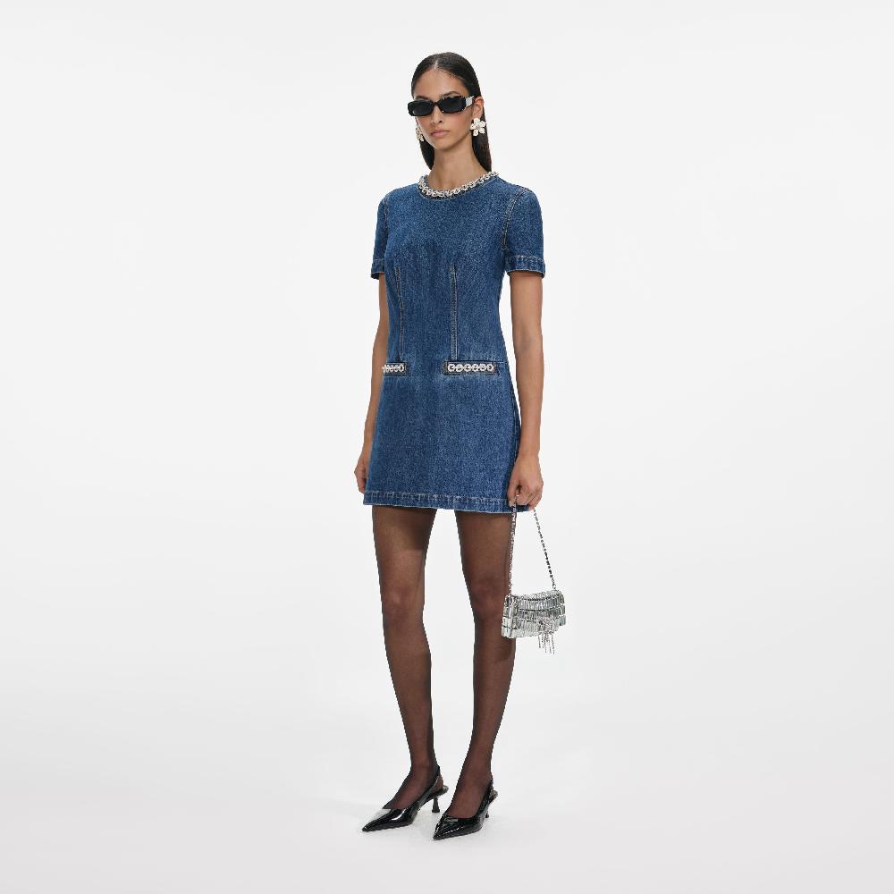 Self Portrait Denim Crystal Trim Mini Dress CLOTHING