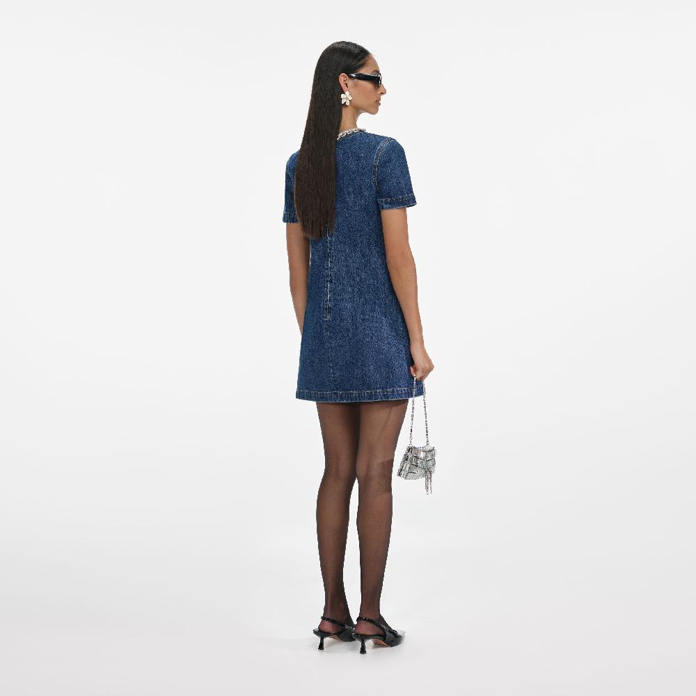 Self Portrait Denim Crystal Trim Mini Dress CLOTHING