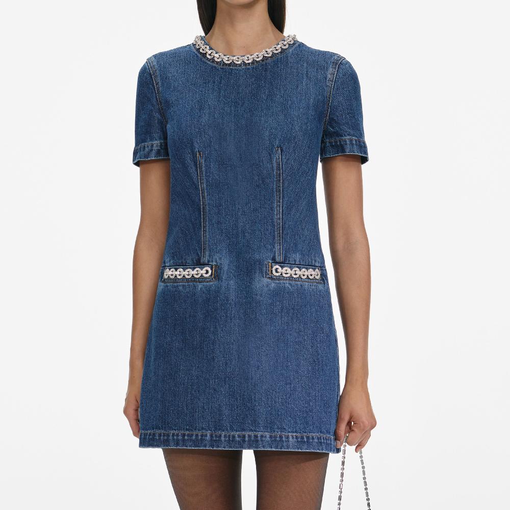 Self Portrait Denim Crystal Trim Mini Dress CLOTHING