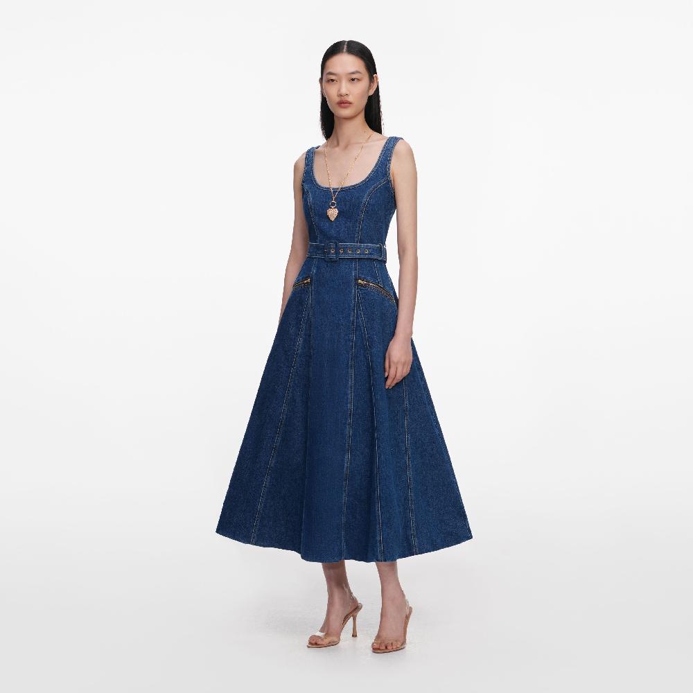 Self Portrait Denim Flared Belted Midi Dress CLOTHING