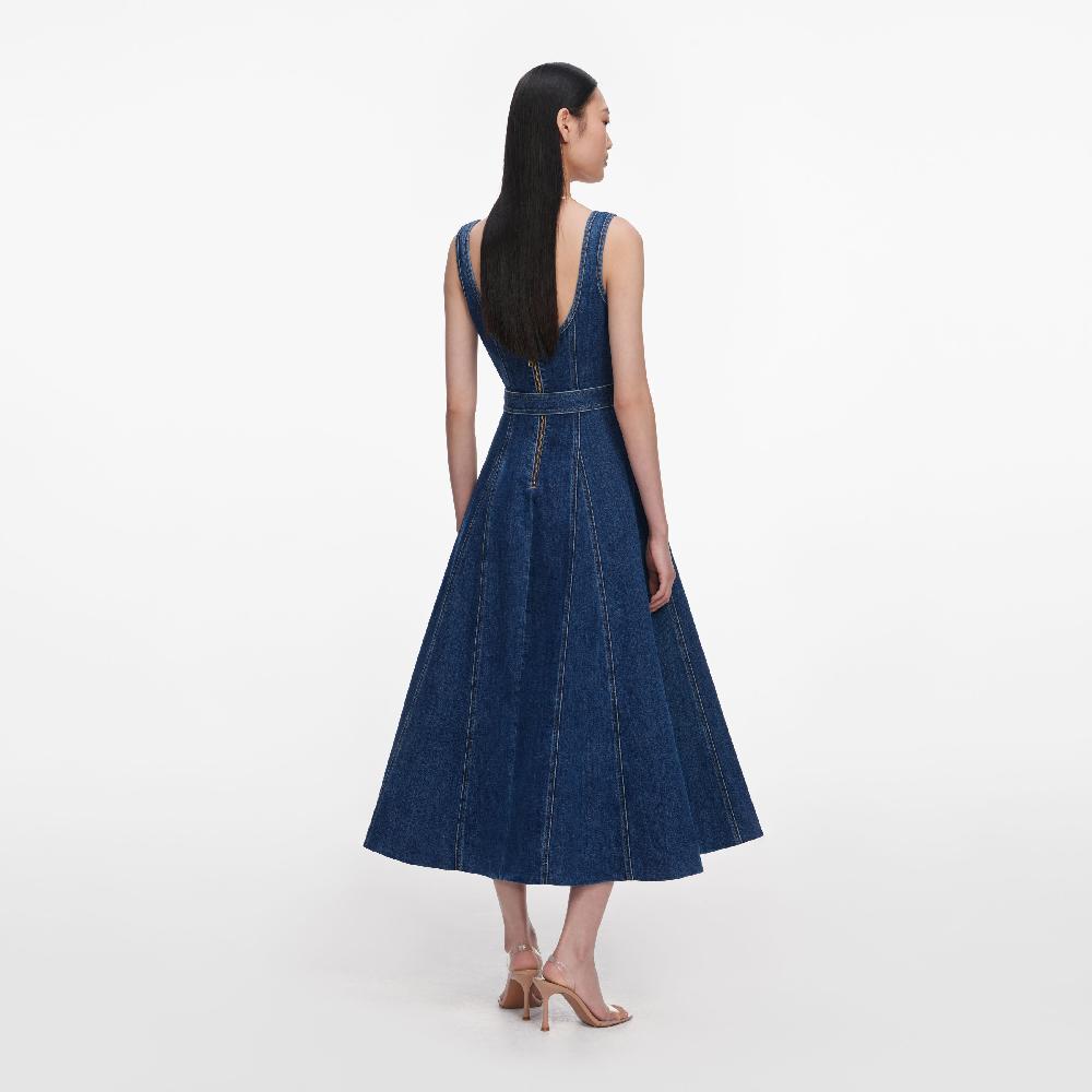 Self Portrait Denim Flared Belted Midi Dress CLOTHING