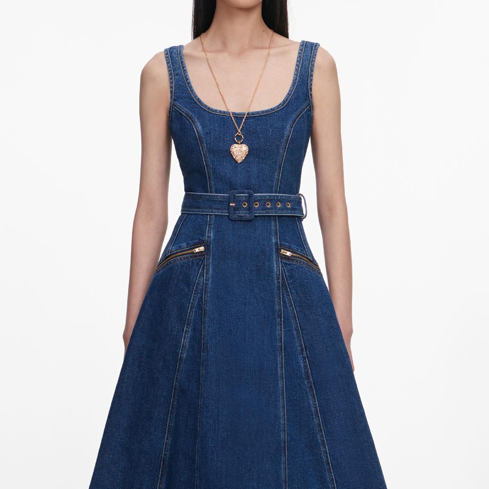 Self Portrait Denim Flared Belted Midi Dress CLOTHING